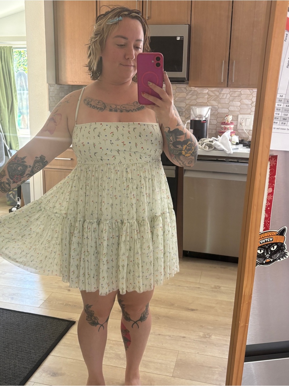 POPFLEX Pale Green Floral Spaghetti Strap Mini Dress